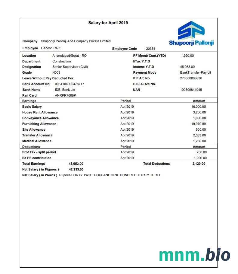 Shapoorji Pallonji pracownik pay stub w formacie PDF i Word